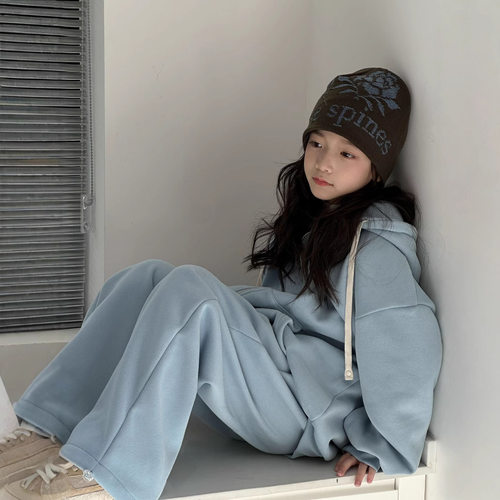 女童蓝色加绒大卫衣+卫裤套装