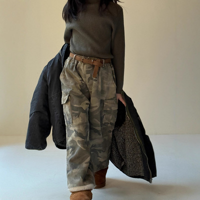 韩版男女童一体绒复古迷彩工装裤