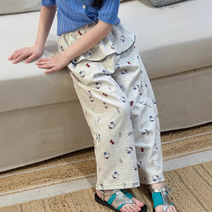 儿童裤子2026春夏新款女童韩版满印KT猫长裤休闲花边直筒宽松裤子