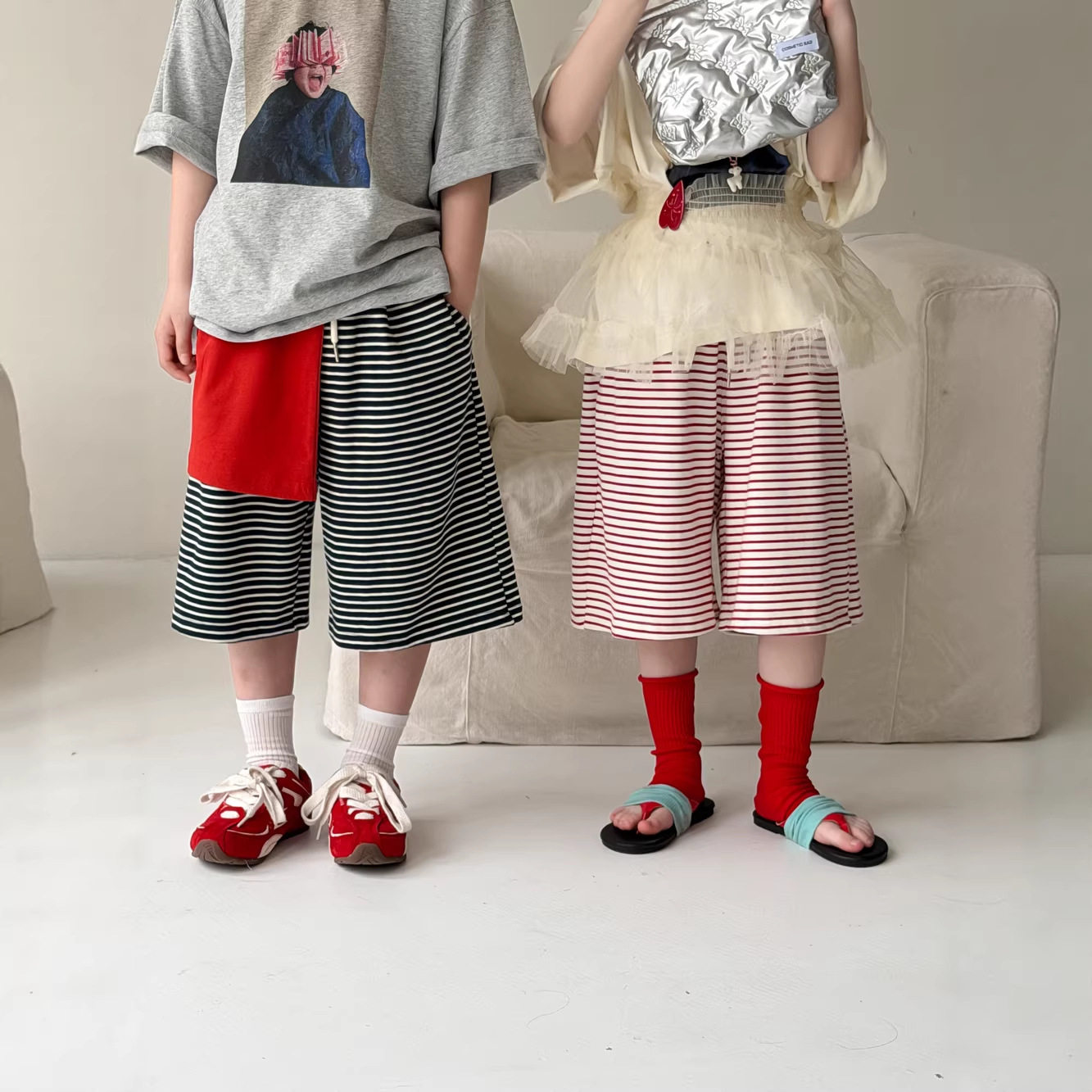 夏季新款男童女童韩版条纹五分裤儿童休闲宽松百搭短裤个性沙滩裤