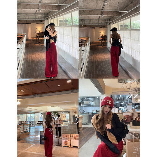 NINASTUDIO 【博主裤】R0W经典款 酒红色灯芯绒阔腿裤