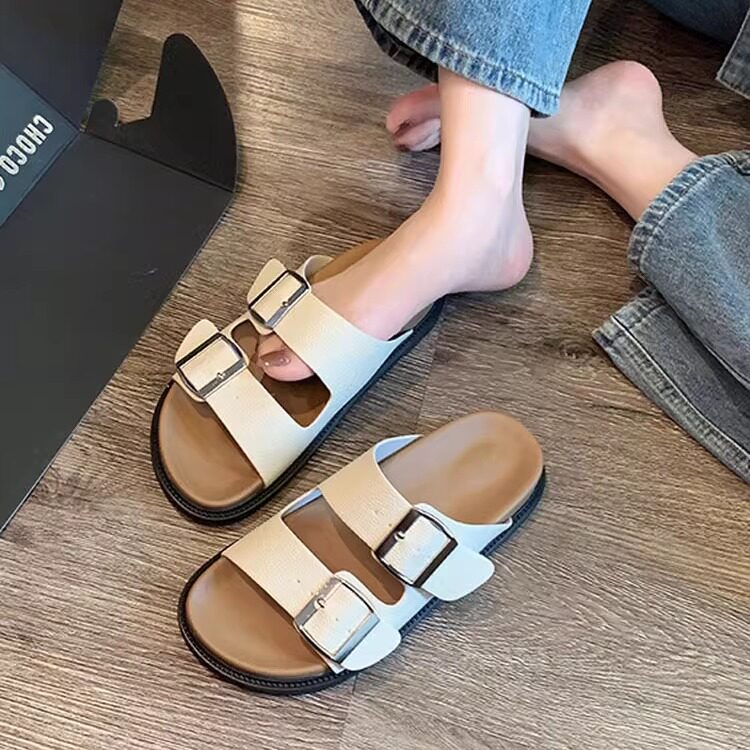 葡萄妈studiolee夏季复古平底一字带方扣可调节厚底勃肯凉拖鞋女