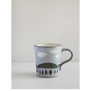 现货日本进口小石原烧粗陶手绘复古风景马克杯水杯茶杯杯子咖啡杯