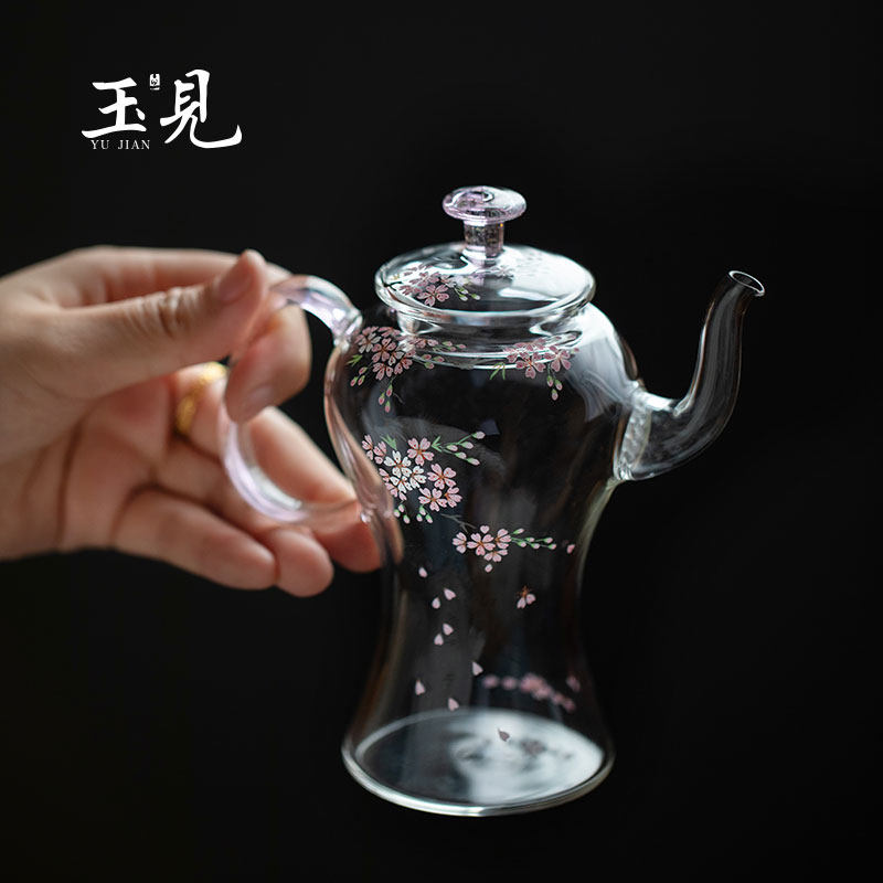 玉见手绘樱花一人用玻璃泡茶壶
