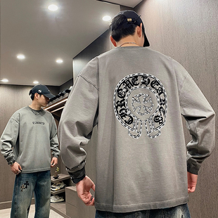 T恤男秋冬阔版 潮牌重磅水洗灰长袖 做破磨边打底卫衣 UGLY美式 MXD