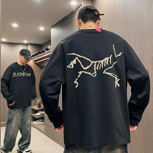 秋美潮字母印花慵懒ins长袖T恤男