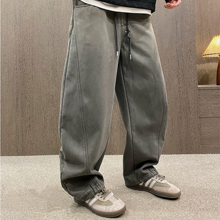 UGLY美式 松紧腰抽绳加绒休闲裤 复古高级灰工装 男冬季 潮 弯刀裤 MXD