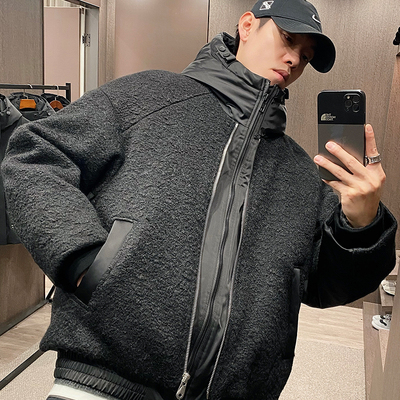 冬毛呢拼接假两件潮牌连帽羽绒服