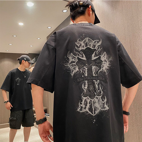 夏季潮牌重工刺绣阔版短袖T恤男