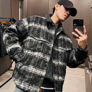 时尚 轻薄羽绒服格纹衬衫 外套潮 UGLY秋冬高定潮牌做破设计男士 MXD
