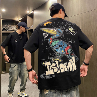 痞帅宽松半袖 T恤男夏季 上衣 UGLY潮牌高定设计感鹈鹕涂鸦短袖 MXD