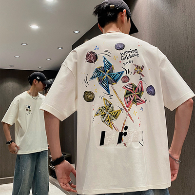 夏季后背风车字母刺绣情侣短袖潮