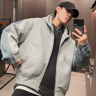 美式潮牌牛仔拼接连帽复古羽绒服