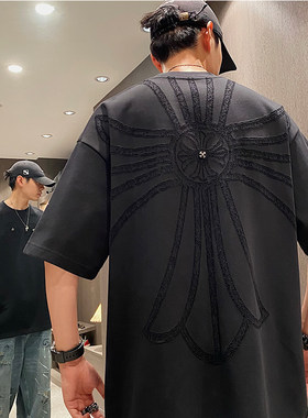 夏季美式潮牌烧花logo阔版短袖T