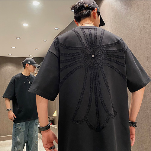 夏季美式潮牌烧花logo阔版短袖T