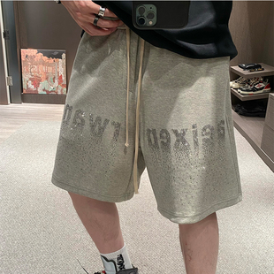 MXD UGLY烫钻字母巴黎灰复古运动短裤男夏季老钱风奢潮痞帅五分裤