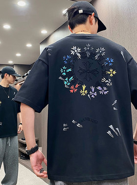 春夏彩印潮牌烧花logo圆领短袖男