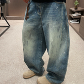 MXD 男秋冬泼墨做旧阔腿弯刀裤 UGLY美式 水洗复古蓝潮牌休闲牛仔裤