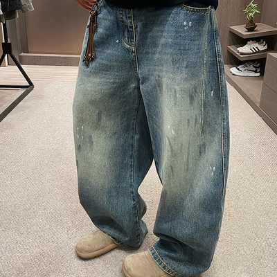 美潮泼墨休闲复古阔腿弯刀牛仔裤