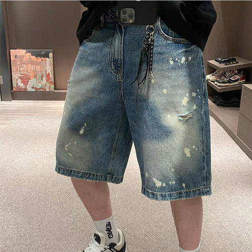 美式潮牌水洗蓝脏感泼墨牛仔短裤