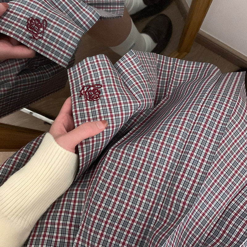 新品【望梅好】绊JK新年红色刺绣格裙学院风JK制服格裙中长裙