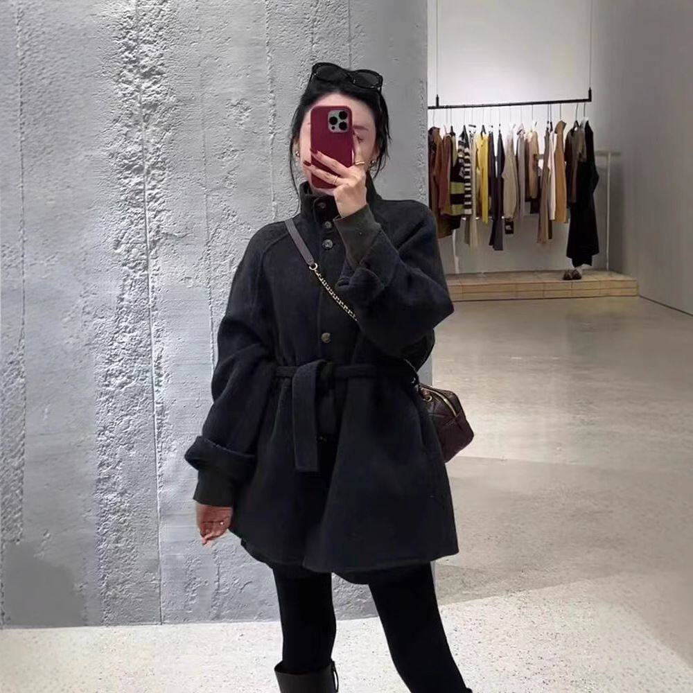 小个子黑色系带收腰立领毛呢外套女2026新款爆款秋冬韩系呢子大衣