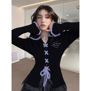 显瘦纯欲百搭半身裙短裙两件套装 织梦 开衫 针织衫 女 黑紫甜酷修身