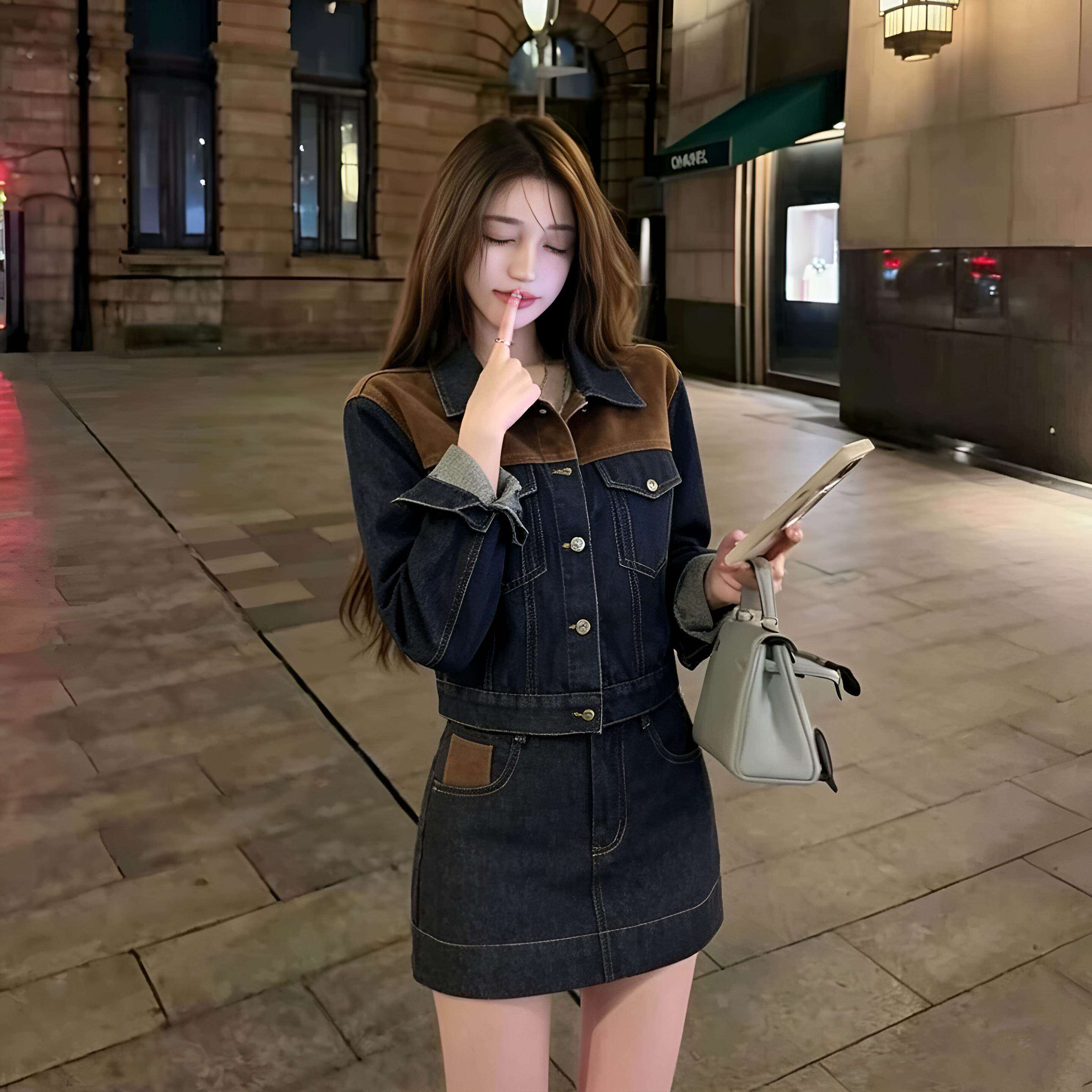 复古撞色韩系气质牛仔套装女春秋设计感小众短款外套搭高腰半身裙