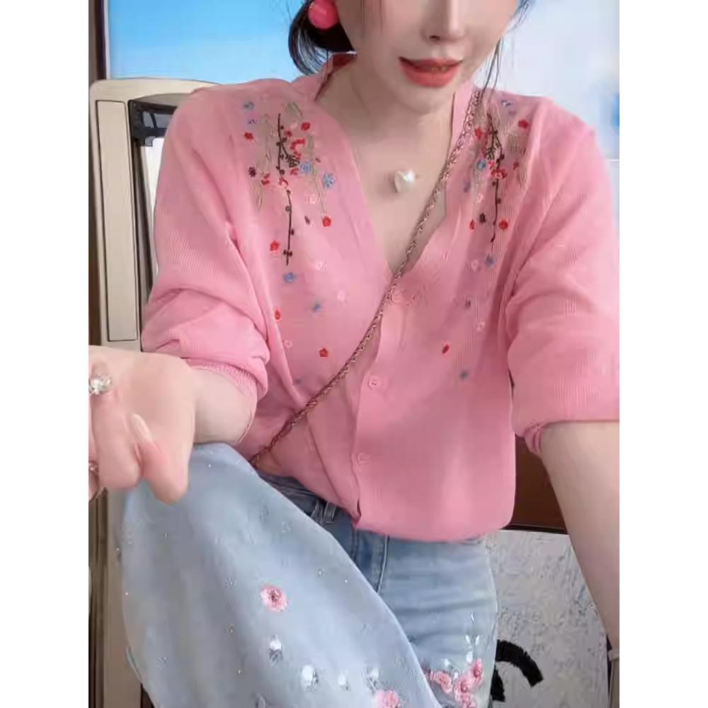 甜美风V领花朵刺绣针织开衫女2026春夏新款粉色绝美百搭防晒上衣图片