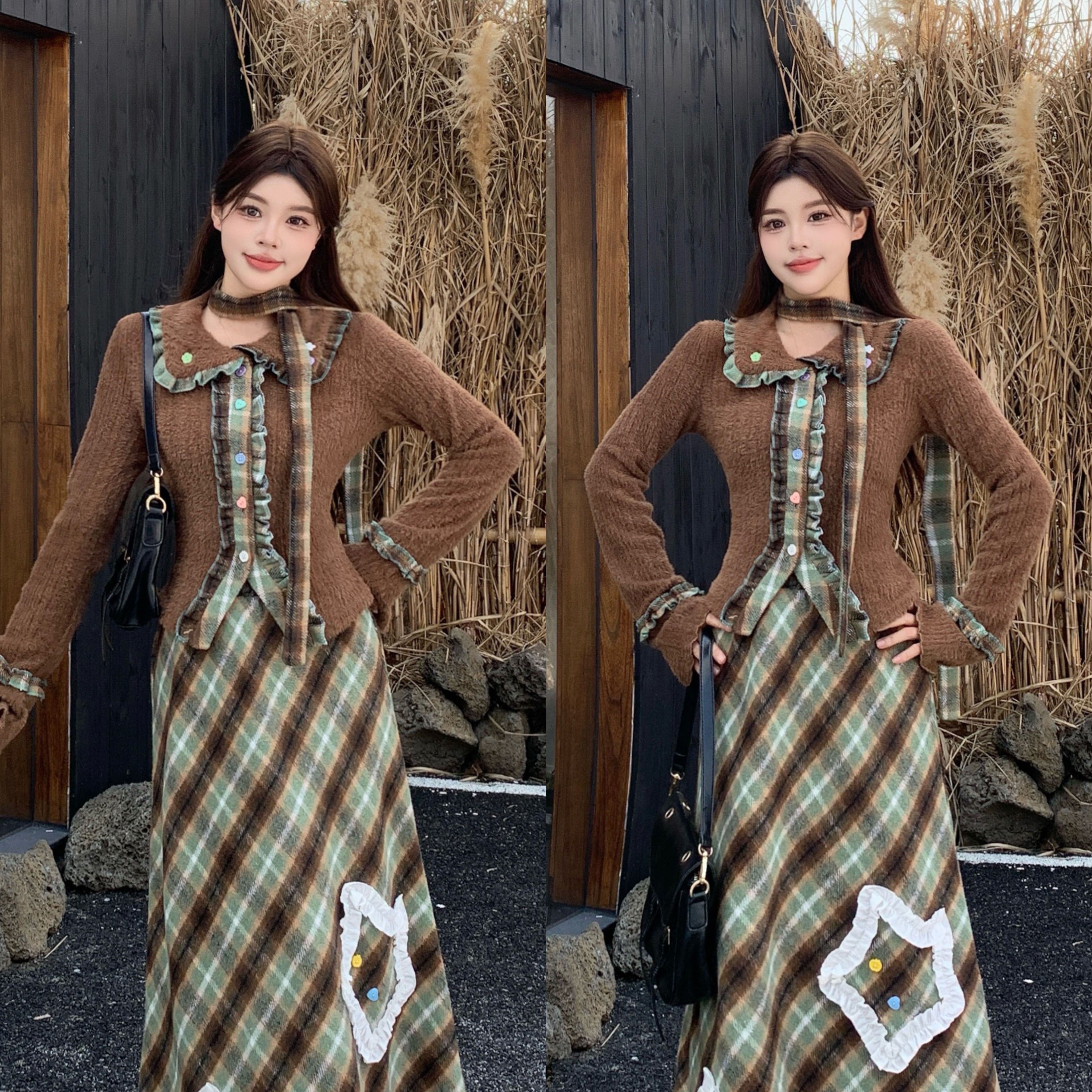 大码可可松露甜美风套装毛针织开衫上衣女秋冬格纹绣花长裙两件套