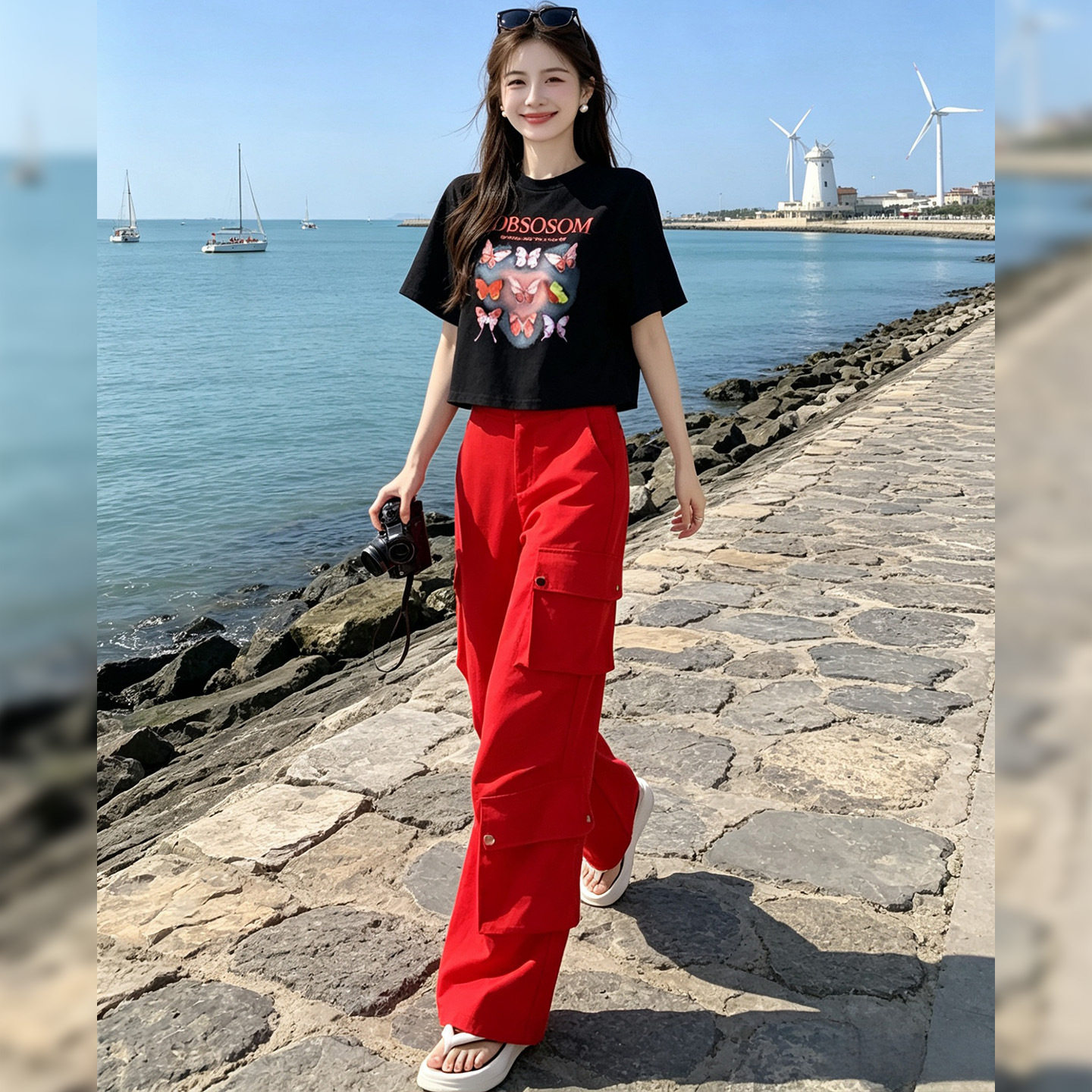 欧货休闲运动套装女2026新款夏时尚洋气蝴蝶印花短袖工装裤两件套