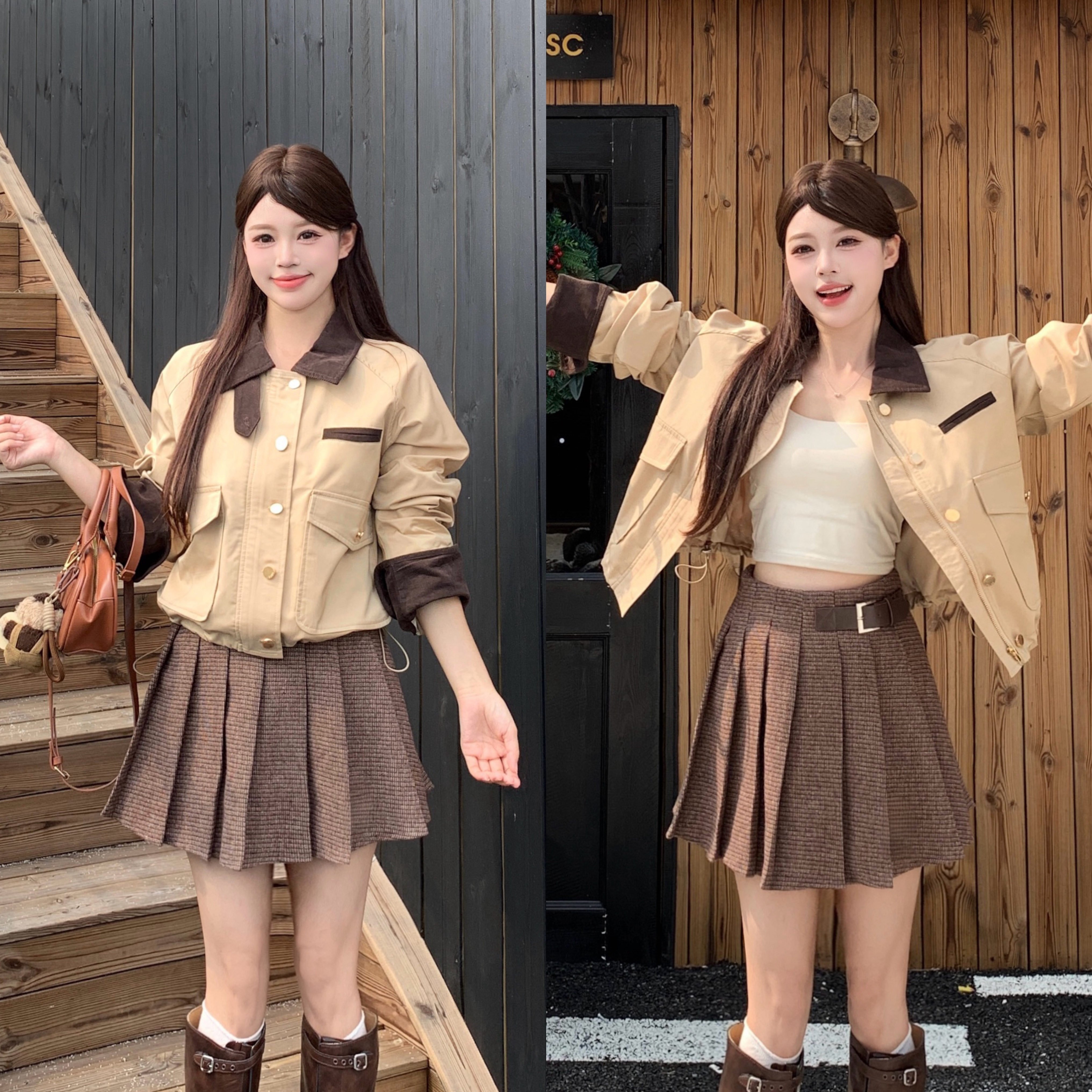 大码露思同款复古撞色翻领长袖夹克外套高腰百褶半身裙女时尚套装