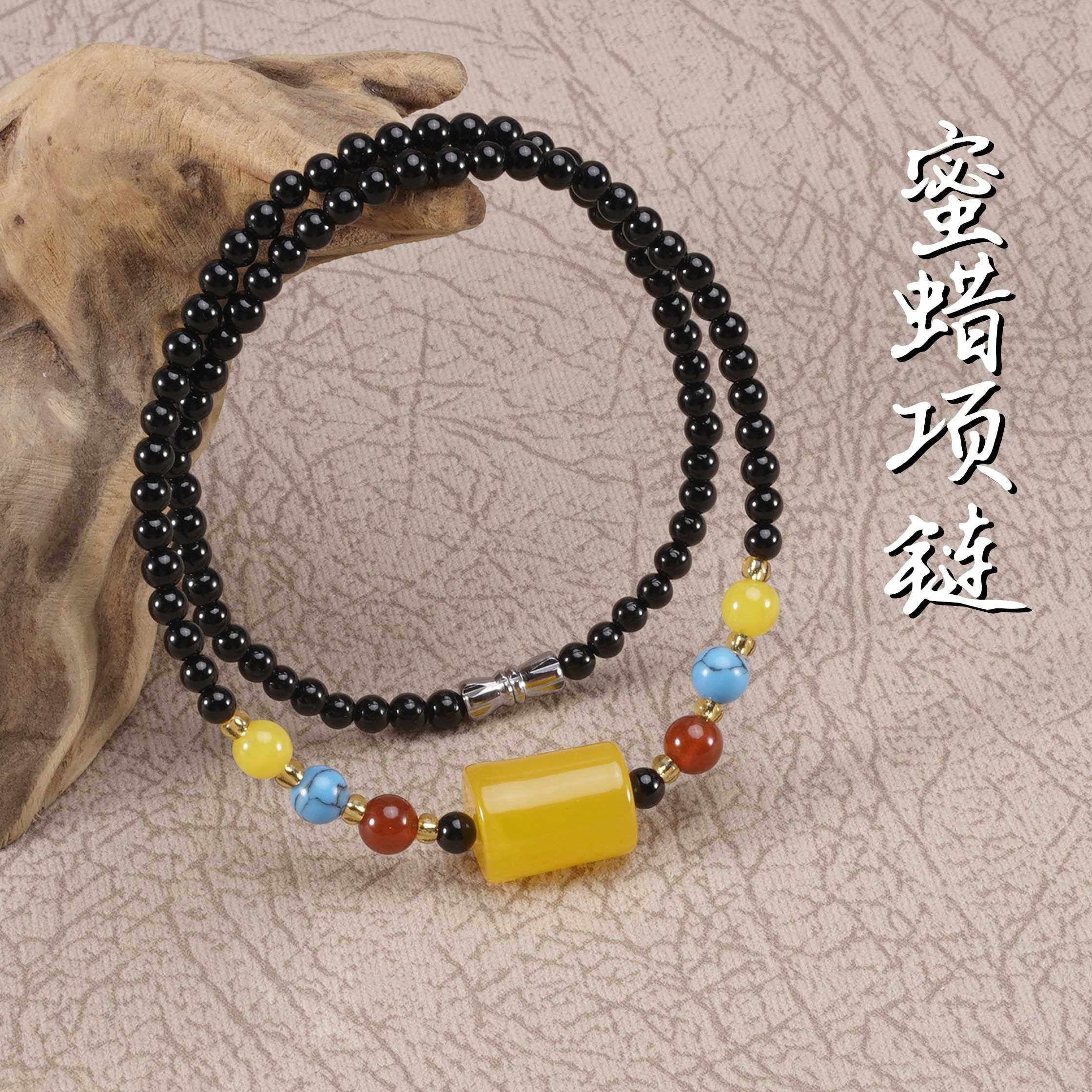 鸡油黄琥珀老蜜蜡吊坠原矿蜜蜡二代桶珠吊坠男女款百搭链蜜蜡项链