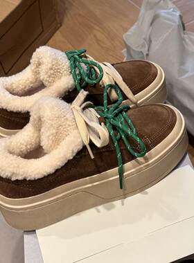 冬季羊羔毛毛厚底增高加绒帆布鞋