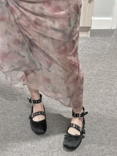 太美丽!精致有气质!黑色平底蝴蝶结脚腕皮带扣仙女芭蕾舞单鞋女