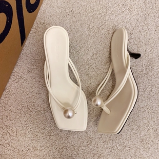 珍珠夹趾小猫跟高跟人字拖外穿凉鞋 当天发货 7cm显白又好看夏季