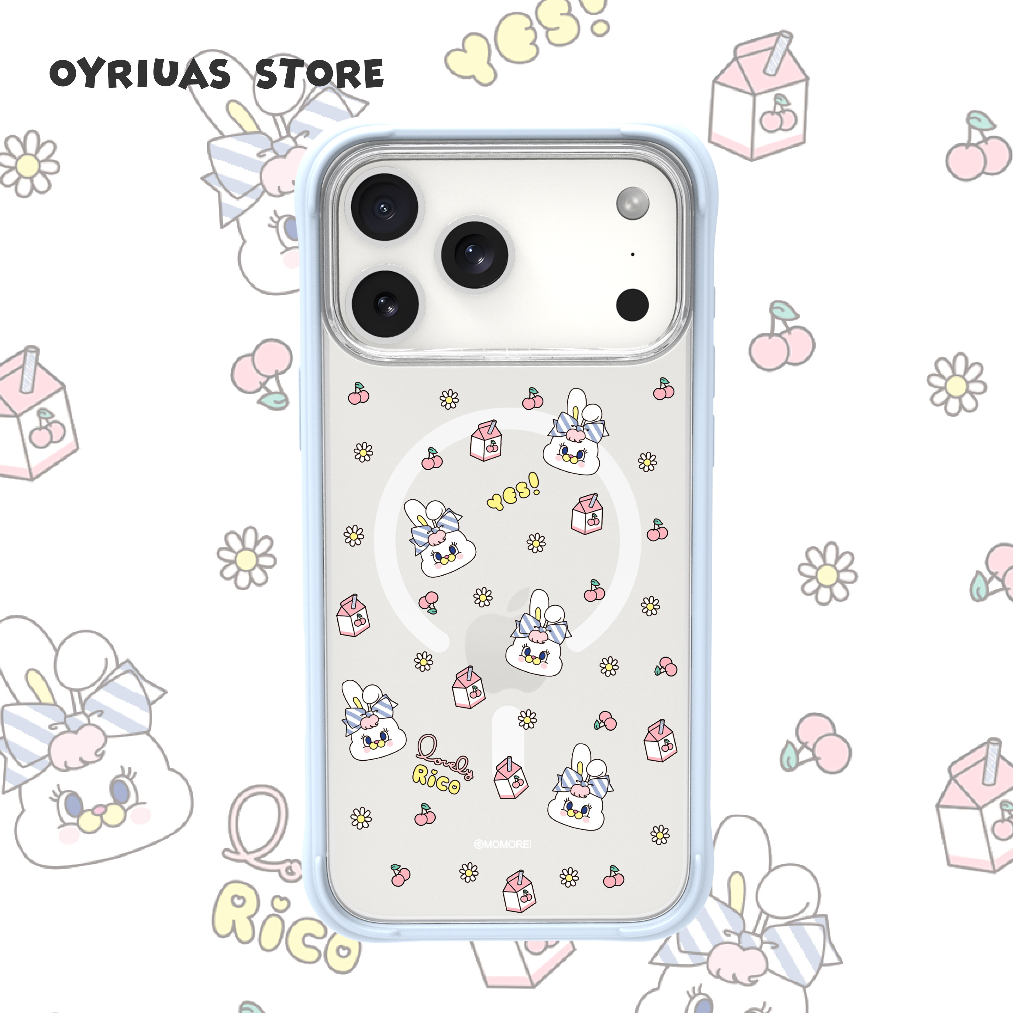 OyriuasX条带兔莉可联名 iPhone手机壳  樱桃牛奶  磨砂磁吸可拆卸硅胶边框 触控按键全包手机保护套抗指纹