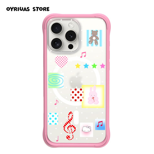 Oyriuas 磨砂磁吸夏日音乐会 适用iPhone16promax 可拆卸硅胶边框手机壳二合一 拼贴风 波点