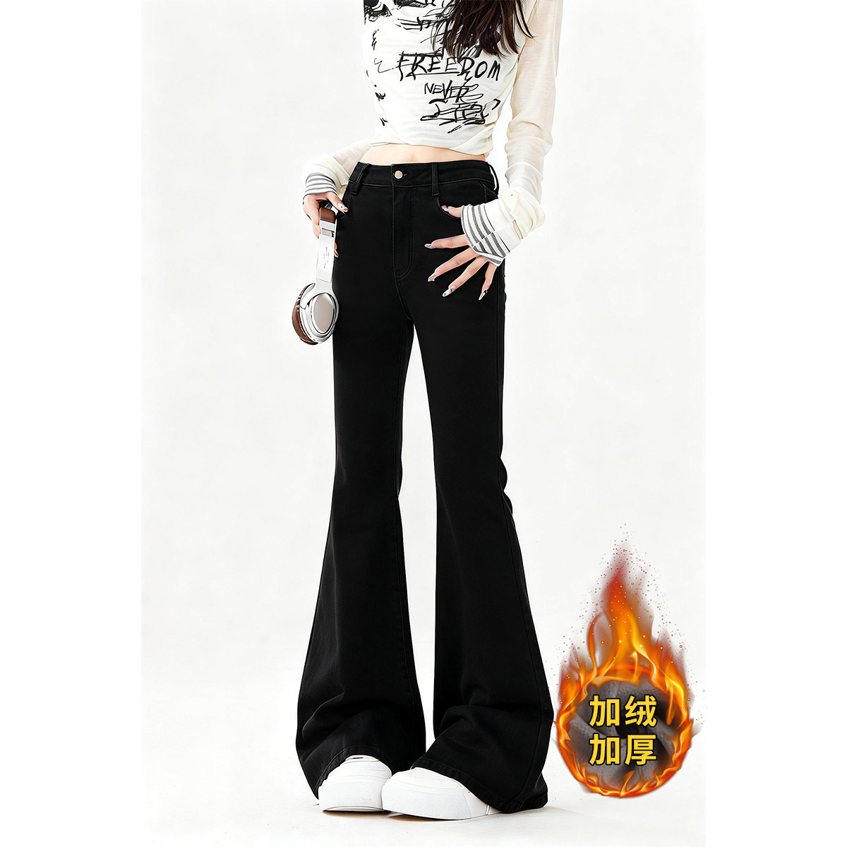 自然涩美式黑色加绒微喇叭牛仔裤女秋冬季新款修身显瘦加厚裤子,女装/女士精品,牛仔裤,淘宝优惠券,粉丝福利购,淘宝优惠卷