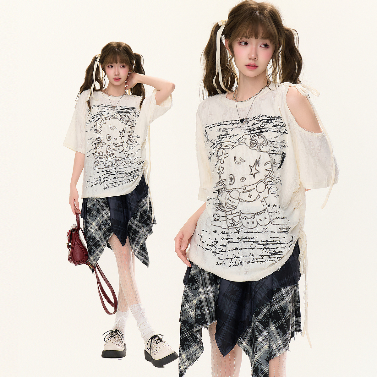 自然涩亚文化Kitty猫印花露肩短袖T恤女2025夏季新款设计感