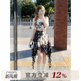 自然涩不规则黑色格子半身短裙女夏季音乐节亚文化穿搭爵士舞裙子