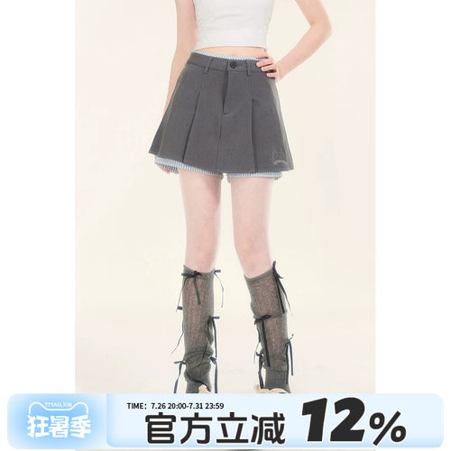 学院风灰色格纹拼接半身裙女夏季