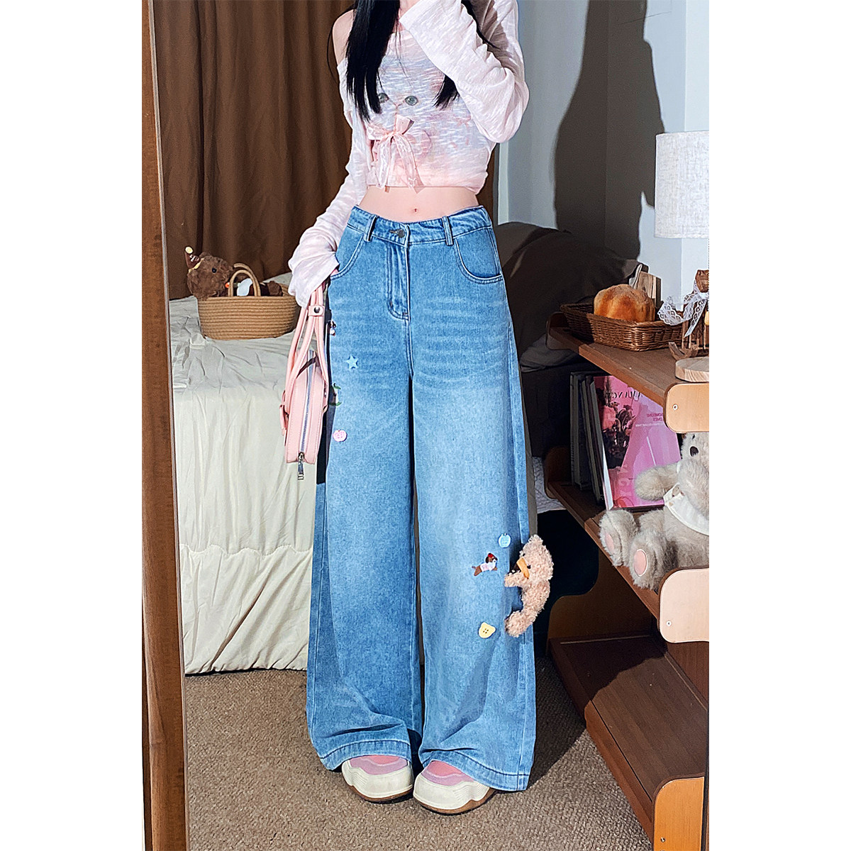 自然涩复古小熊阔腿牛仔裤女2026春季新款版型超好看的直筒裤子冬,女装/女士精品,牛仔裤,淘宝优惠券,粉丝福利购,淘宝优惠卷