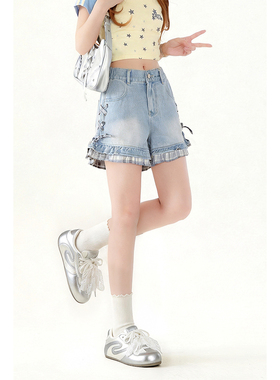 自然涩蓝色格子拼接a字牛仔短裤女2026夏薄款假两件显瘦阔腿裤子