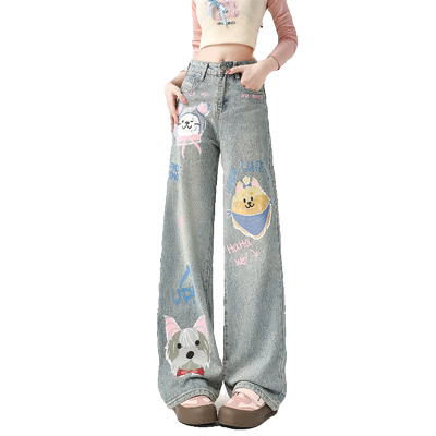 卡通涂鸦牛仔裤女春秋新款