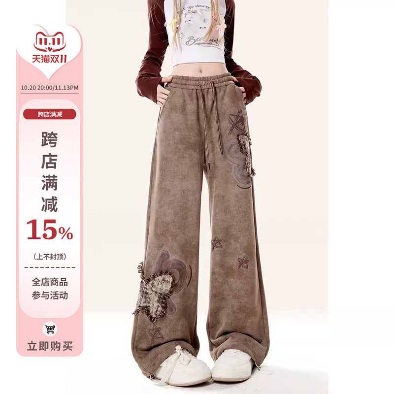 自然涩棕色运动卫裤女2026秋冬新款小个子复古休闲阔腿爵士舞裤子