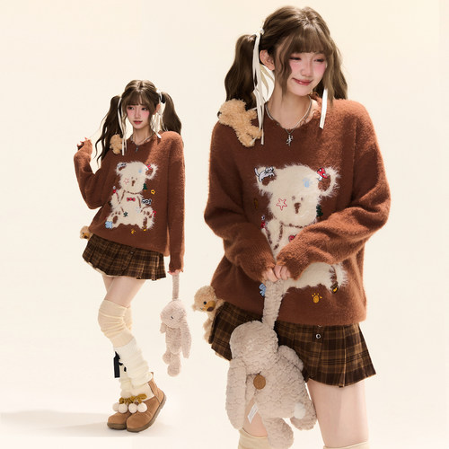 甜美可爱小熊挂件毛衣女秋冬新款