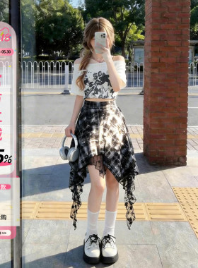 自然涩不规则黑色格子半身短裙女夏季音乐节亚文化穿搭爵士舞裙子