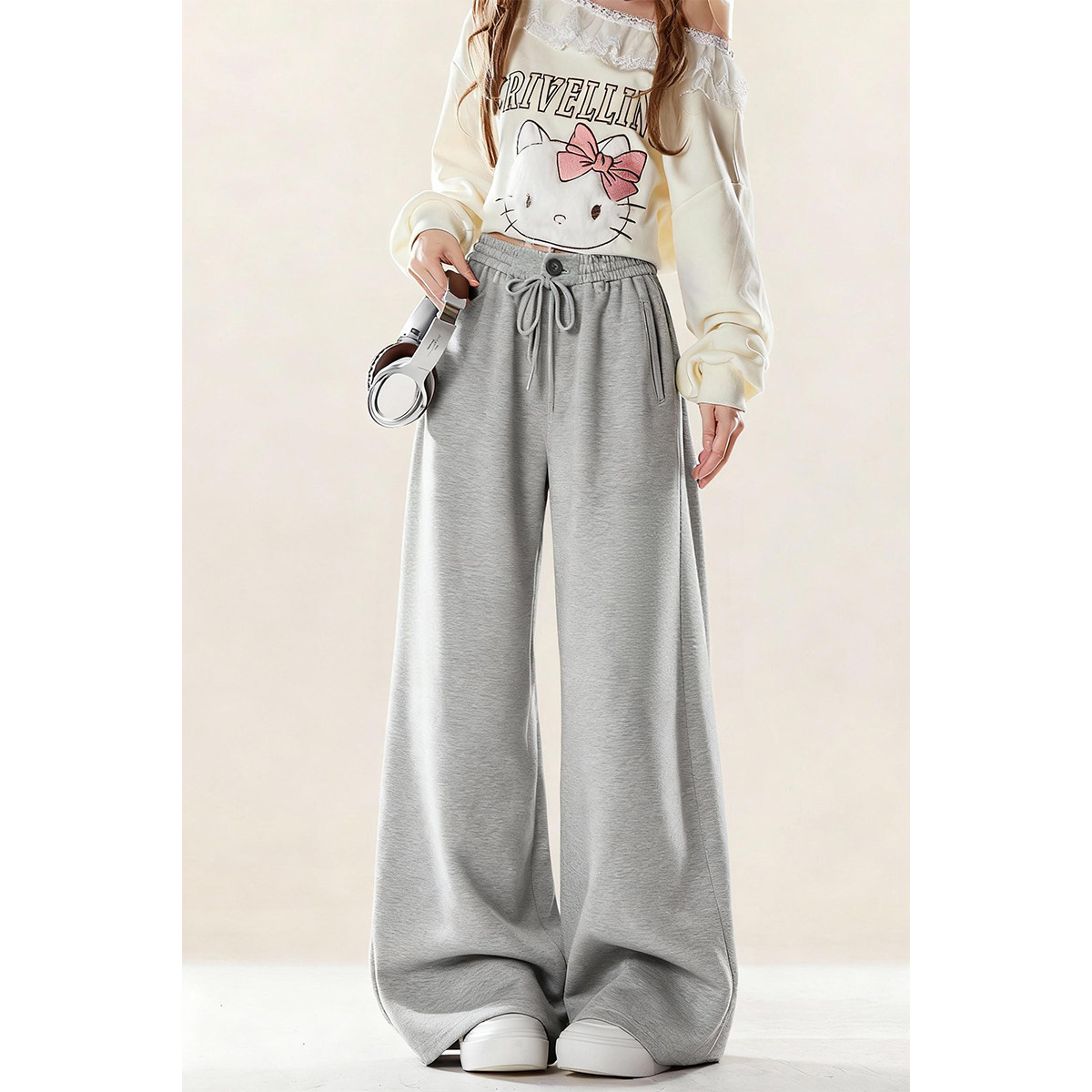 自然涩灰色垂感宽松阔腿休闲裤女款秋冬季运动卫裤加长爵士舞裤子,女装/女士精品,卫裤,淘宝优惠券,粉丝福利购,淘宝优惠卷