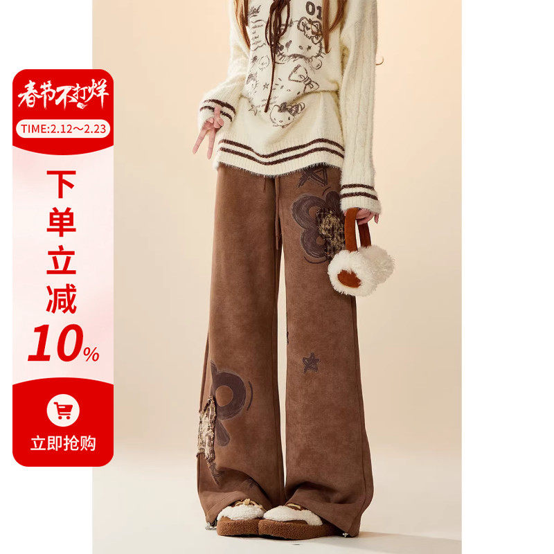 自然涩美拉德咖色运动卫裤女秋冬季新款美式复古印花贴布阔腿裤子